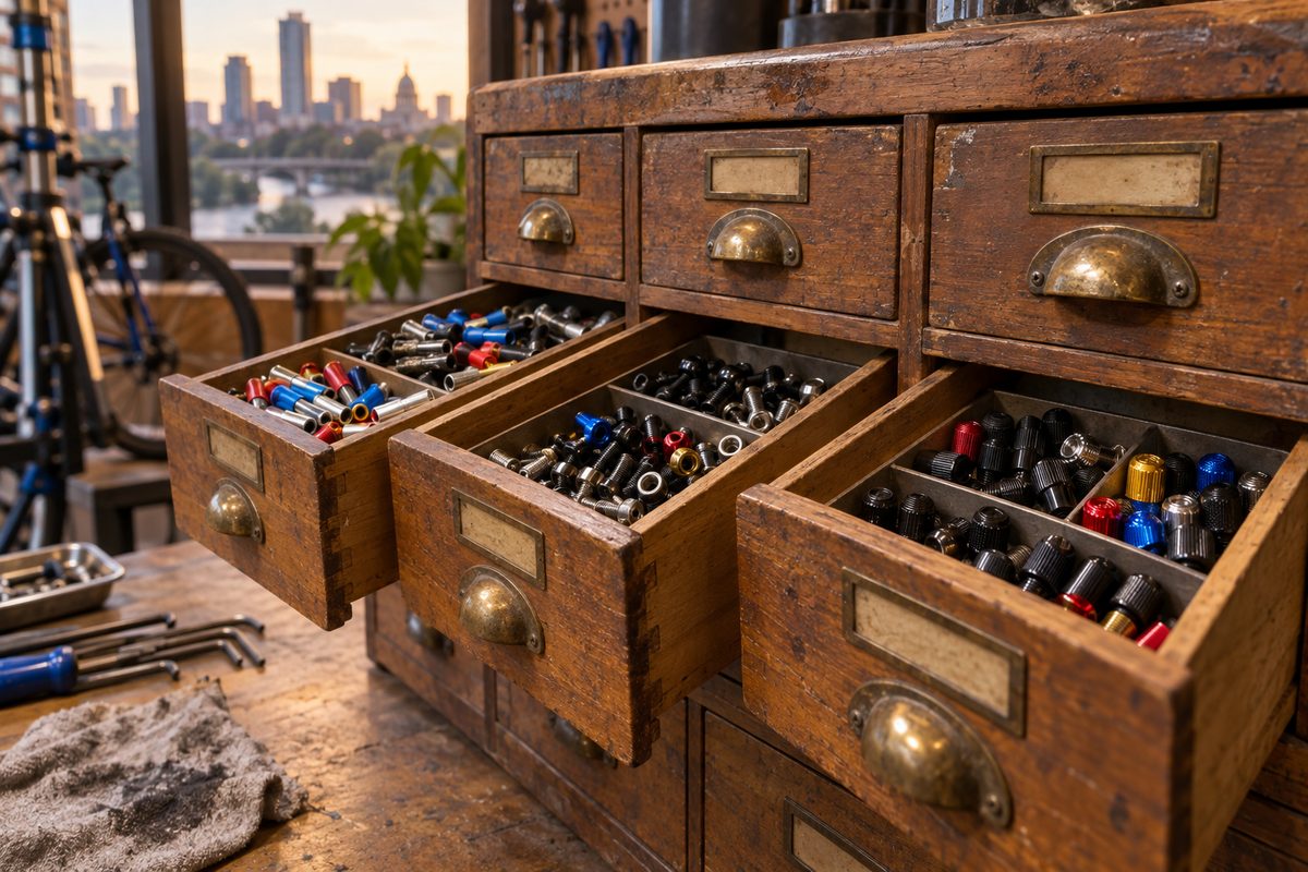 Wooden parts cabinet with drawers of ferrules, bolts and valve caps