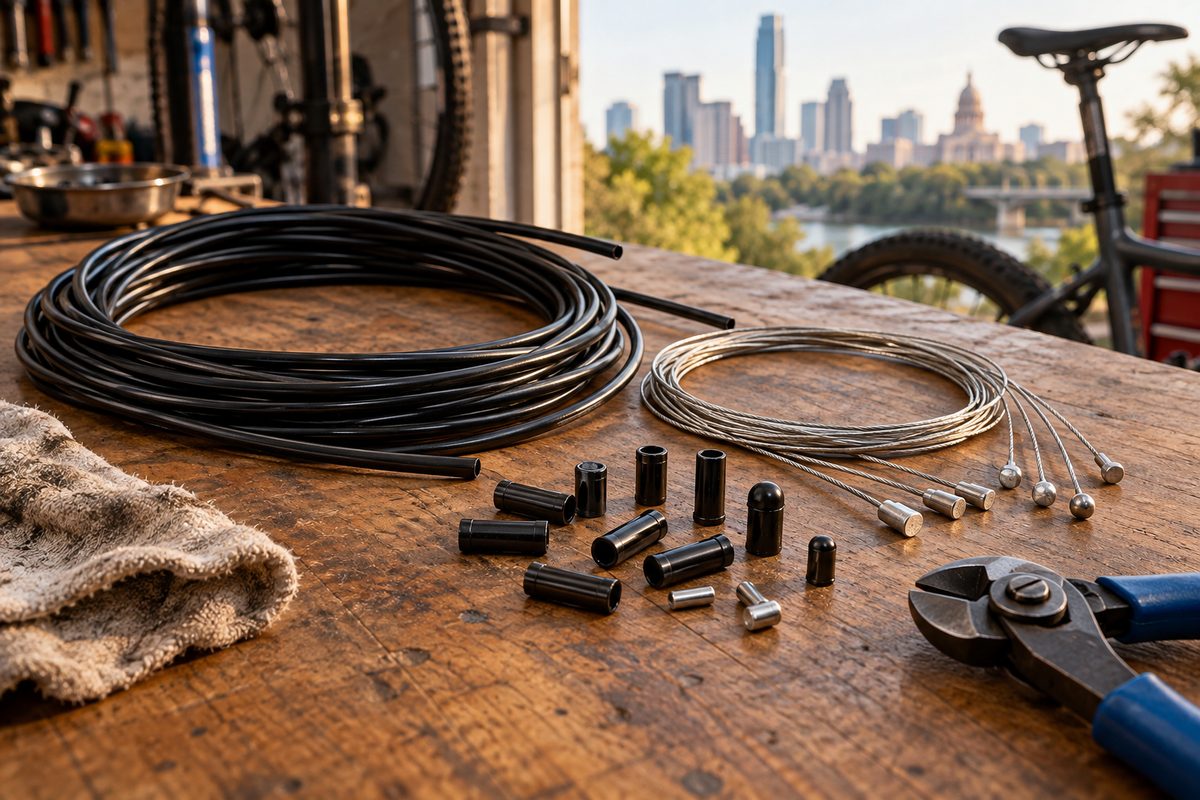 Coiled bike cable housing with inner cables, ferrules and end caps