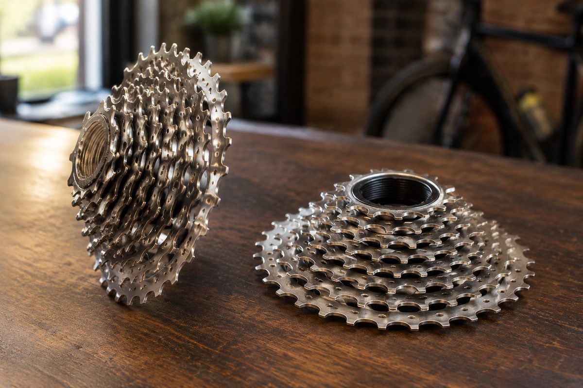 Two road bike cassettes on a dark wooden surface