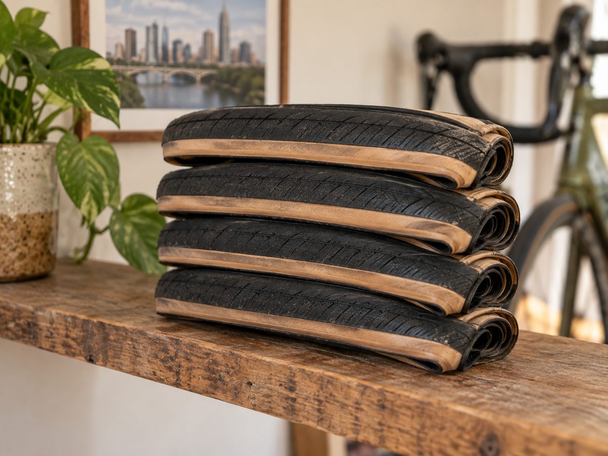 Stack of folded road bike tyres with tan sidewalls